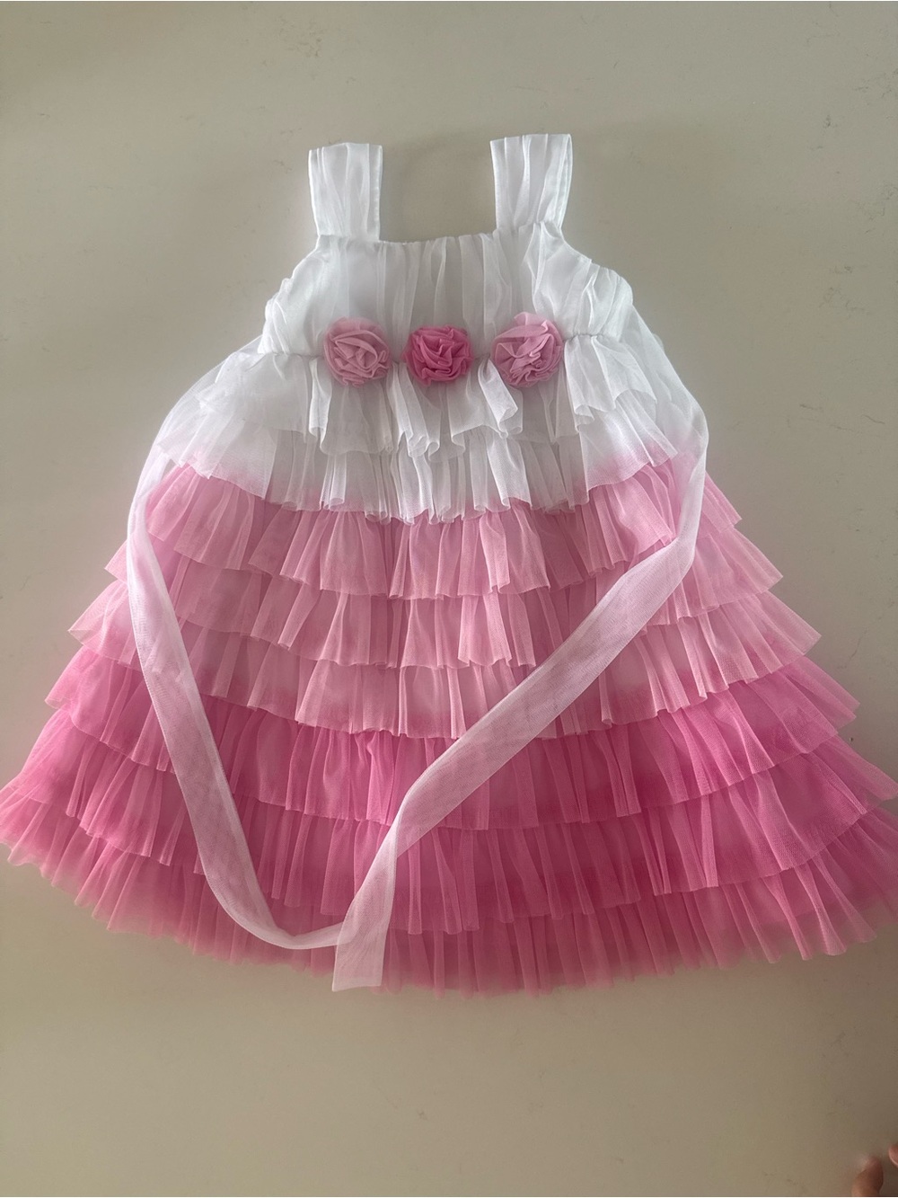 Toddler White and Pink Ruffled Tulle Dress with Rosette Accents